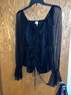 Brand Black Sheer Dot Ruched Front Long-Sleeve Blouse